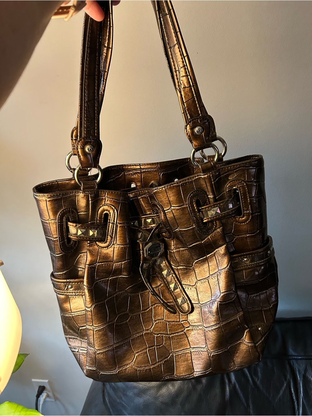 Kathy Van Zeeland Metallic Bronze Croc-Embossed Shoulder Bag